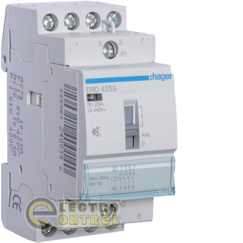 Контактор бесшумный с ручным управлением 25A, 4НО, 24В, 2м Контактор бесшумный с ручным управлением 25A, 4НО, 24В, 2м