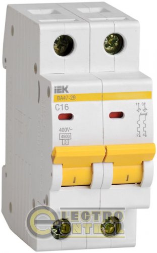 Автоматический выключатель  ВА47-29 2P 16A 4,5кА характеристика C MVA20-2-016-C IEK
