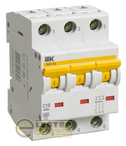 Автоматический выключатель ВА 47-60 3Р 16А 6 кА характеристика C MVA41-3-016-C IEK