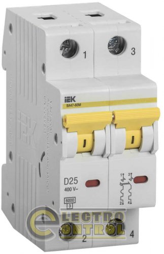 Автоматический выключатель ВА 47-60 2Р 25А 6 кА характеристика D MVA41-2-025-D УЕК