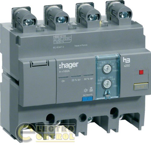Блок УЗО для автоматов Hager х250: 4п 160A, утечка тока 0.03-6А, задержка времени 0.06-1сек