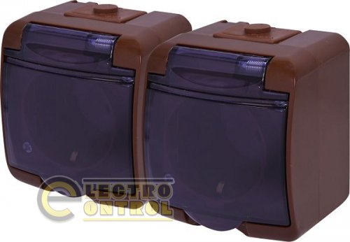 Розетка 2-я (Schuko) (коричневый дымчатая крышка) (IP44) RHE-2sd-KR 4668053