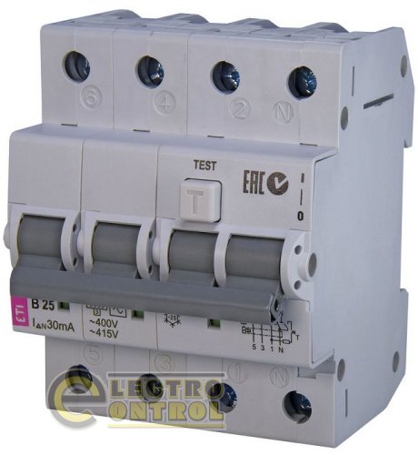 Дифференциальный автоматический выключатель KZS-4M 3p+N B 20/0,03 тип AC (6kA) 2174005