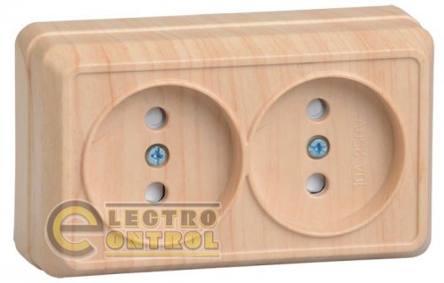 Розетка двухместная без заземленного контакта с защитными шторками 10А открытой установки РСш22-2-ОС ОКТАВА (сосна)