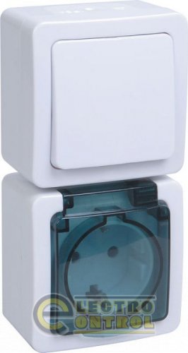 Блок: выключатель 1-клавишный/розетка с закрывающейся крышкой IP54 ГЕРМЕС PLUS (белый/дымчатый) БВб-22-31-ГПБд