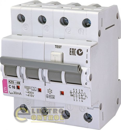 Дифференциальный автоматический выключатель KZS-4M 3p+N C 16/0,03 тип A (6kA) 2174924