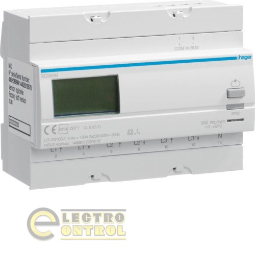 Счетчик электроэнергии трехфазный HAGER EC369M Mbus, MID 100А, 7м