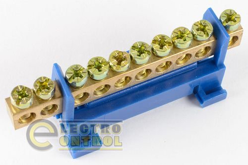 Нулевая "N" шина 6 x 9 с изолятором на DIN-рейку 10 отверстий до 40А