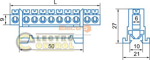 Нулевая "N" шина 6 x 9 с изолятором на DIN-рейку 10 отверстий до 40А