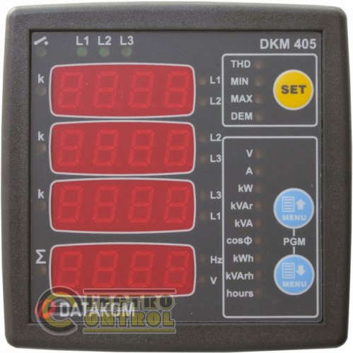 DATAKOM DKM-405 Аналізатор електромережі, 170-275V живлення, 96x96mm, доп вхід/вихід