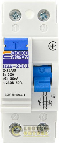 Пристрій захисного відключення УКРЕМ ПЗВ-2001 2р/32А/30мА АСКО