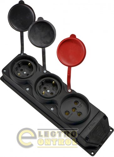 Колодка каучукова 3Р+РЕ з захисними кришками тримісна (1×25А/2×16A*2P+PE) IP44