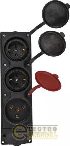 Колодка каучукова 3Р+РЕ з захисними кришками тримісна (1×25А/2×16A*2P+PE) IP44