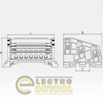 Трехполюсный клеммный блок 150А сечение провода 50-70мм2, (низкий тип), 2+20=22 отверстий