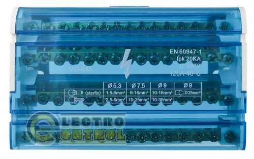 Нулевая шина Аско-Укрем A0150120022 в корпусе VC-415 4х15 (4 бруска по 15 отверстий)