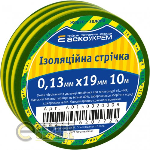 Изолента Аско-Укрем A0150020008 0,13мм*19мм/10м жёлто-зелёная