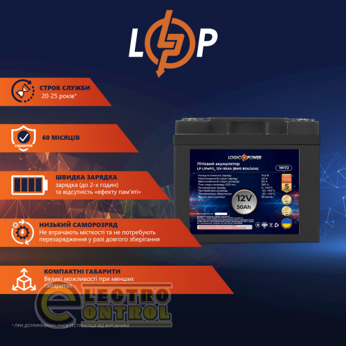 Акумулятор LP LiFePO4 12V (12,8V) - 50 Ah (640Wh) (BMS 80A/40А) пластик