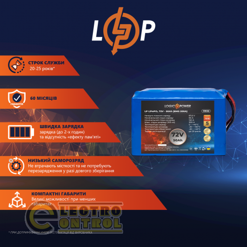 Акумулятор LP LiFePO4 72V (76,8V) - 50 Ah (3840Wh) (BMS 200A)