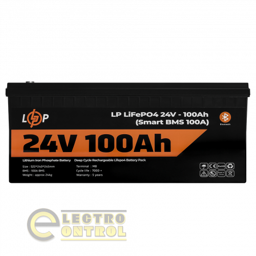 Акумулятор LP LiFePO4 24V (25,6V) - 100 Ah (2560Wh) (Smart BMS 100А) з BT пластик для ДБЖ