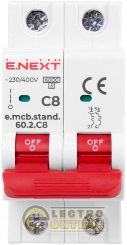 Автоматический выключатель двухполюсный 2Р 8А C E.Next e.mcb.stand.60.2.C8
