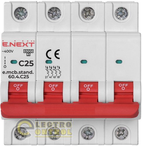 Автоматический выключатель четырехполюсный 4Р 25А C E.Next e.mcb.stand.60.4.C25