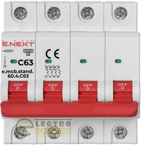 Автоматический выключатель четырехполюсный 4Р 63А C E.Next e.mcb.stand.60.4.C63