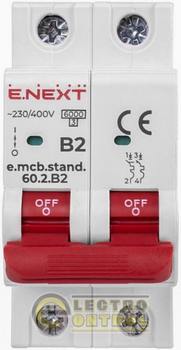 Автоматичний вимикач двополюсний 2Р 2А B E.Next e.mcb.stand.60.2.B2