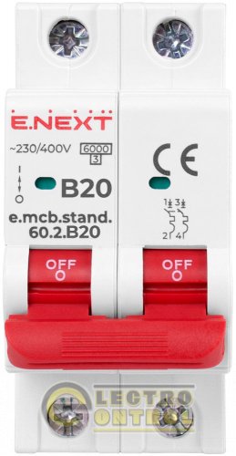 Автоматичний вимикач двополюсний 2Р 20А B E.Next e.mcb.stand.60.2.B20