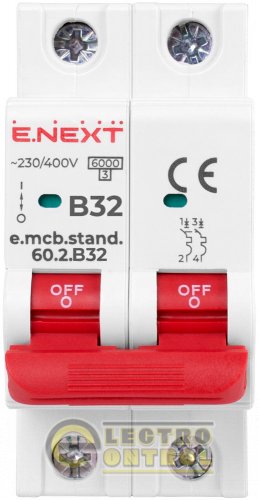 Автоматичний вимикач двополюсний 2Р 32А B E.Next e.mcb.stand.60.2.B32