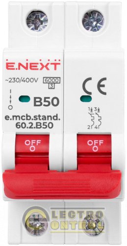 Автоматичний вимикач двополюсний 2Р 50А B E.Next e.mcb.stand.60.2.B50