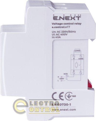 Реле контроля напряжения однофазное 40А с индикацией Enext e.control.v17
