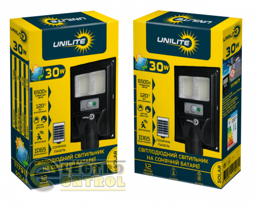 Світлодіодний вуличний сонячний світильник UNILITE 30W 6500K