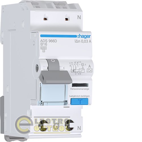 Дифференциальный автоматический выключатель Hager ADS966D QC 1P+N 6kA C-16A 30mA A