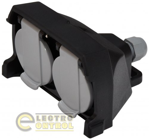 Розетка ETI 4481014 кабельна двомісна з кришками ERS-2CM 2x2Р+РЕ Schuko IP44 каучук чорна