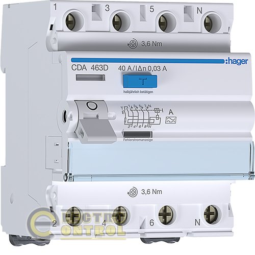 Устройство защитного отключения (УЗО) Hager CDA463D 4P 6kA 63A 30mA A