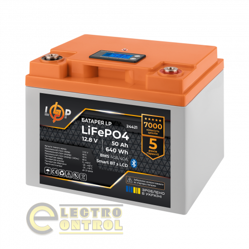 Акумулятор LogicPower LiFePO4 12,8V-50Ah (640Wh) (BMS 40A/40А) пластик LCD Smart BT