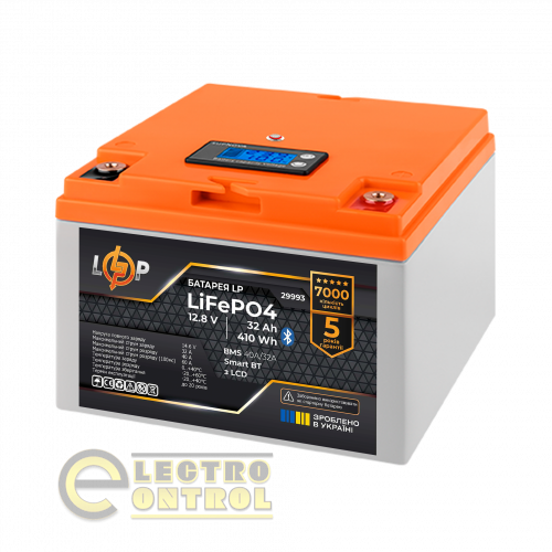Акумулятор LogicPower LiFePO4 12,8V-32Ah (410Wh) (BMS 40А/32A) пластик LCD Smart BT