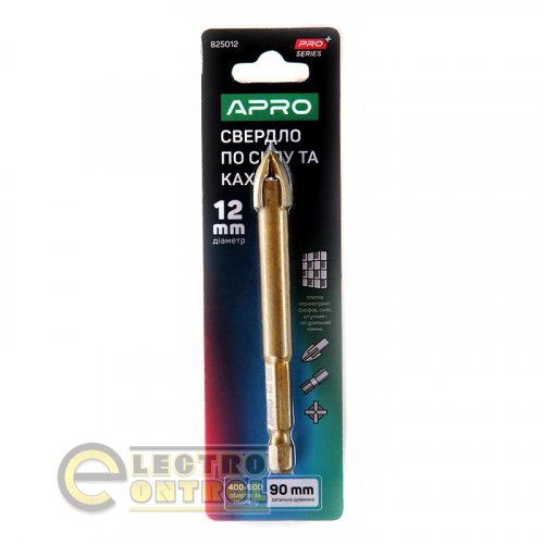 Сверло по стеклу и кафелю 4 грани Ø 12мм PRO APRO 825012 HEX