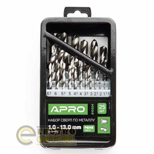 Набор сверл по металлу APRO Р6М5 810204 1,0-13,0мм 25шт метал бокс