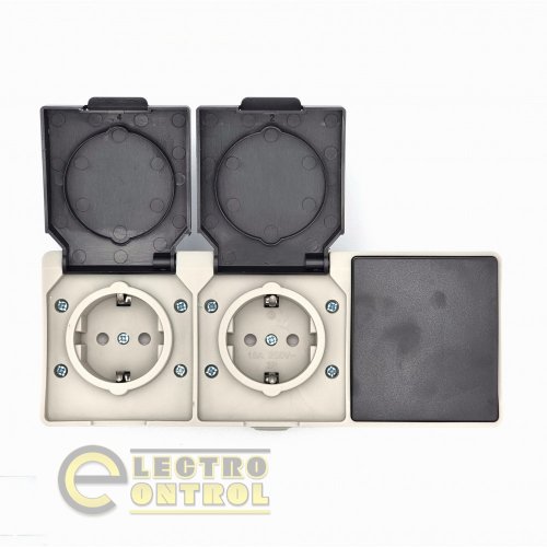 Розетка Takel 503795 накладная влагозащищенная двухместная с заземляющим контактом и крышкой и 1-й выключатель T-proof серый