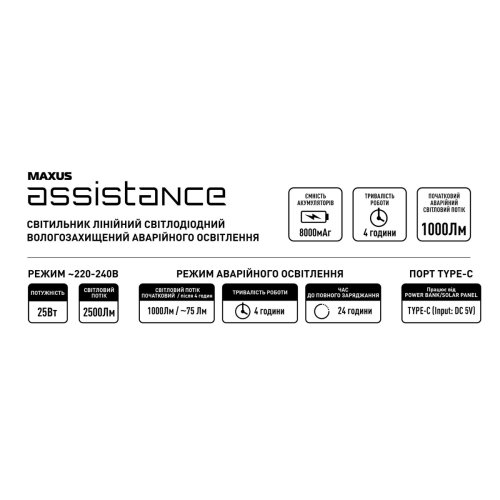 Линейный аварийный светильник MAXUS MALN-EMPL-06-255-GR assistance LINE EMERGENCY 600mm 25W 5000K IP65 Gray