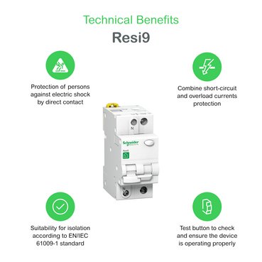 Дифференциальный автоматический выключатель Schneider-Electric R9D51610 RESI9 10А 10мA 1P+N 6кA кривая С тип А